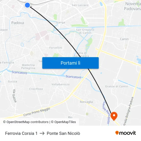 Ferrovia Corsia 1 to Ponte San Nicolò map