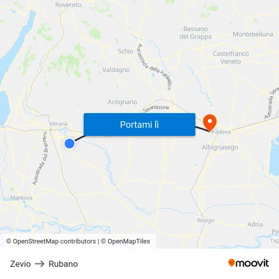 Zevio to Rubano map