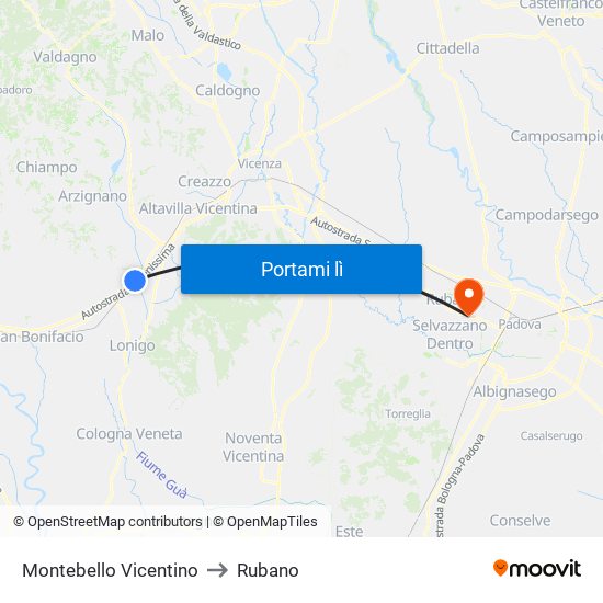 Montebello Vicentino to Rubano map