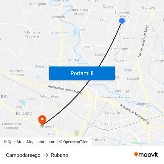 Campodarsego to Rubano map