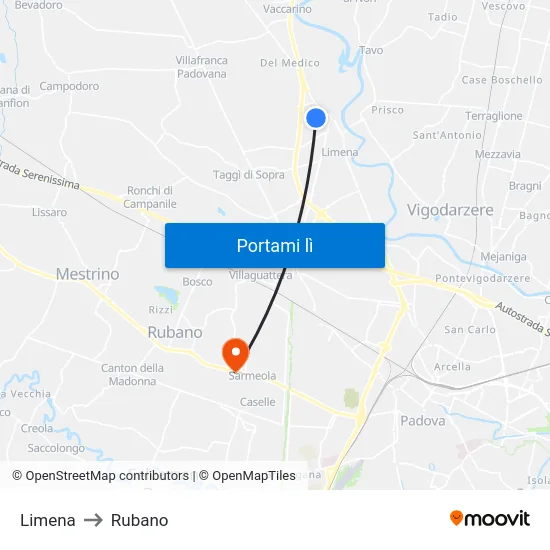 Limena to Rubano map