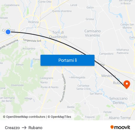 Creazzo to Rubano map