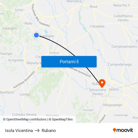 Isola Vicentina to Rubano map