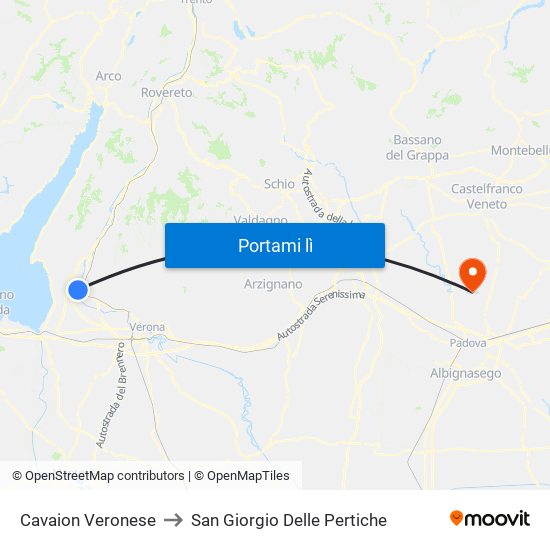 Cavaion Veronese to San Giorgio Delle Pertiche map