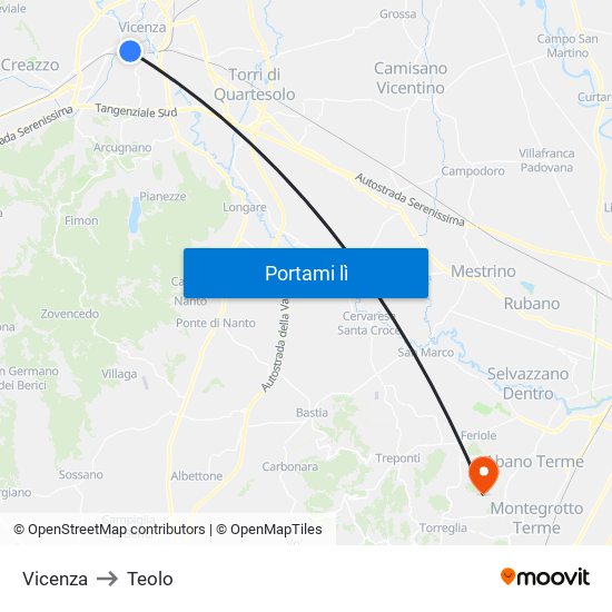 Vicenza to Teolo map