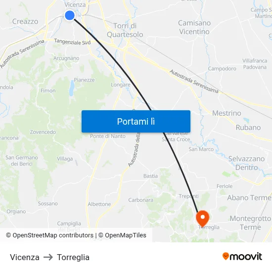Vicenza to Torreglia map