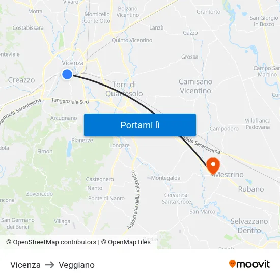Vicenza to Veggiano map