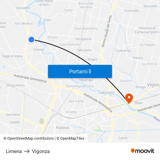Limena to Vigonza map