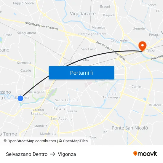 Selvazzano Dentro to Vigonza map