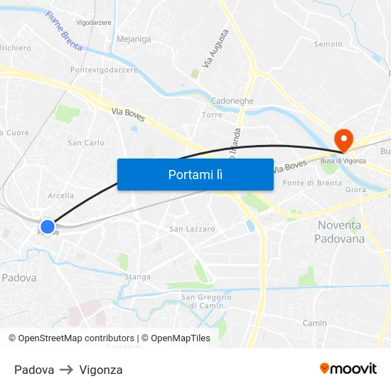 Padova to Vigonza map