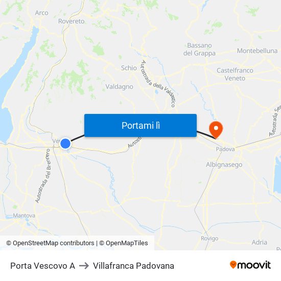 Porta Vescovo A to Villafranca Padovana map