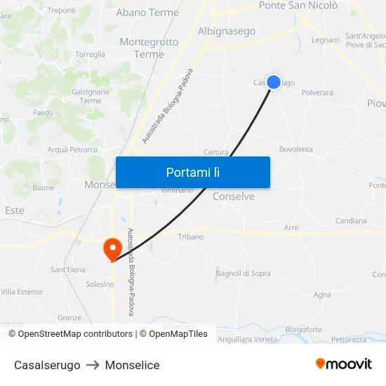 Casalserugo to Monselice map