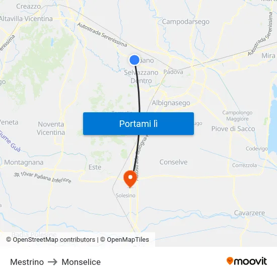 Mestrino to Monselice map