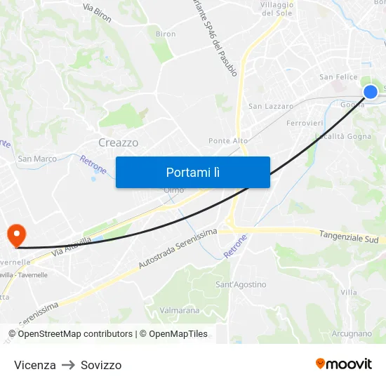 Vicenza to Sovizzo map