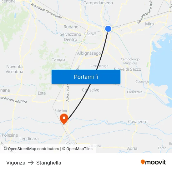 Vigonza to Stanghella map