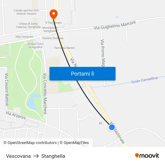 Vescovana to Stanghella map