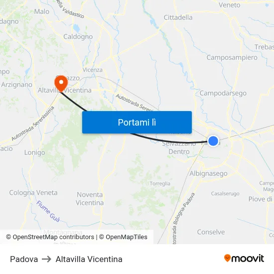 Padova to Altavilla Vicentina map