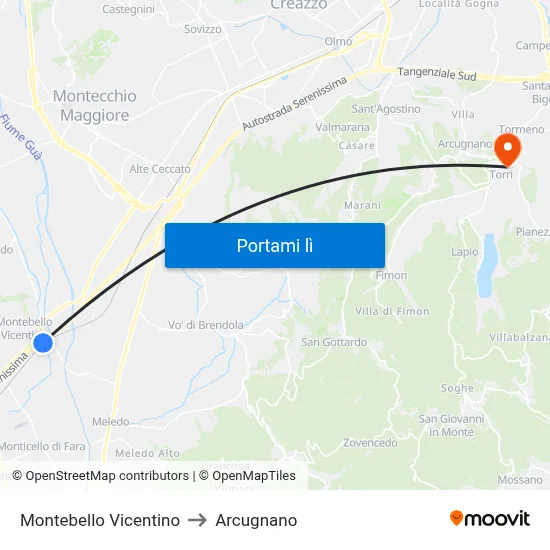 Montebello Vicentino to Arcugnano map