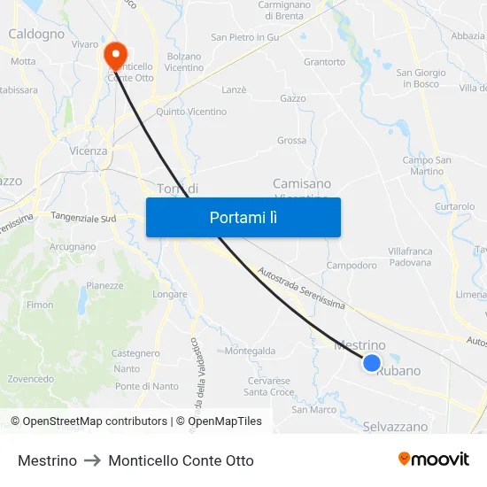 Mestrino to Monticello Conte Otto map