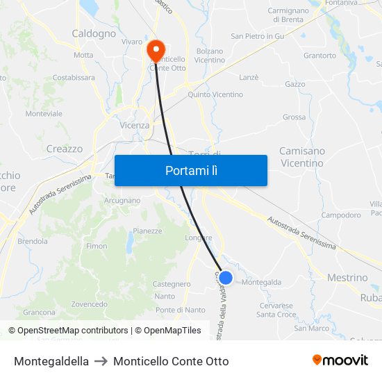 Montegaldella to Monticello Conte Otto map