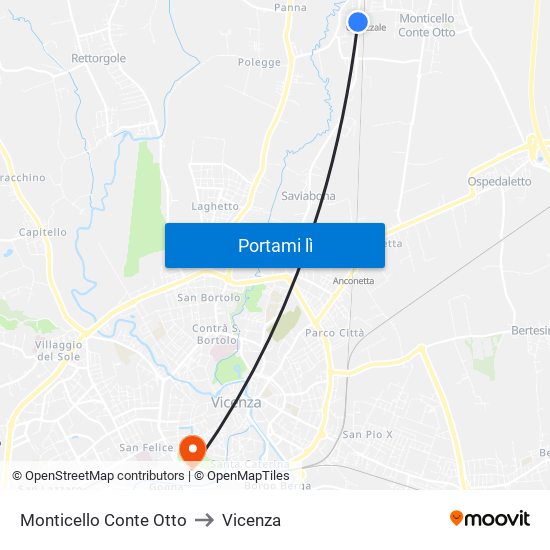 Monticello Conte Otto to Vicenza map