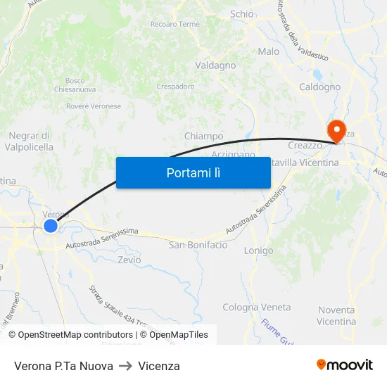 Verona P.Ta Nuova to Vicenza map