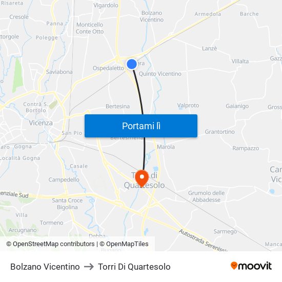 Bolzano Vicentino to Torri Di Quartesolo map