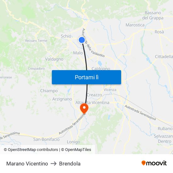 Marano Vicentino to Brendola map