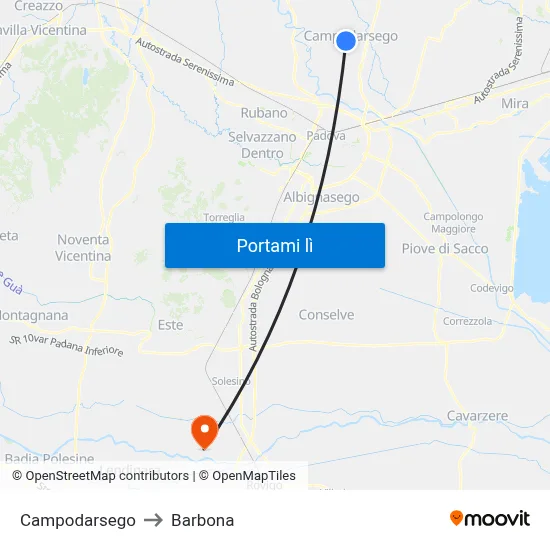 Campodarsego to Barbona map