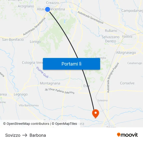 Sovizzo to Barbona map