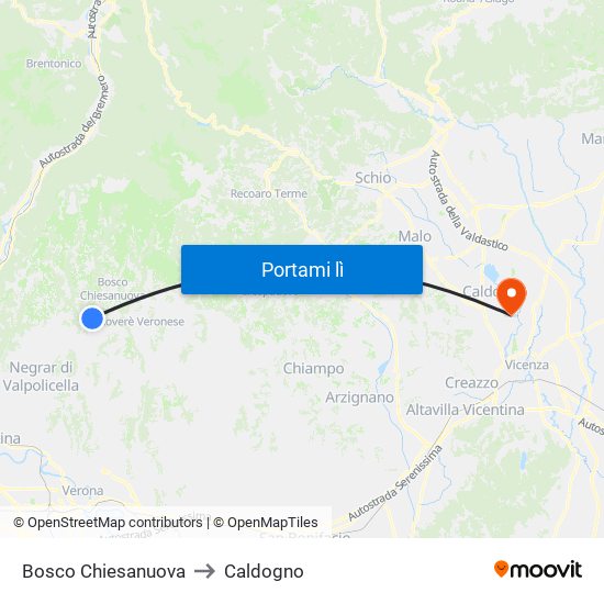 Bosco Chiesanuova to Caldogno map