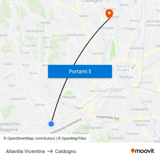 Altavilla Vicentina to Caldogno map