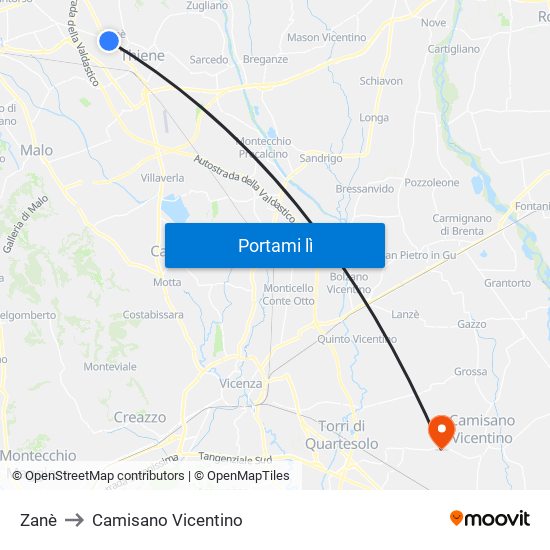 Zanè to Camisano Vicentino map