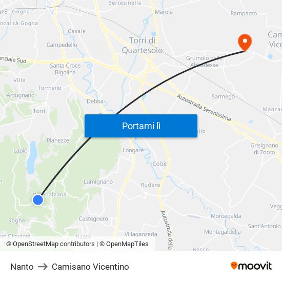 Nanto to Camisano Vicentino map