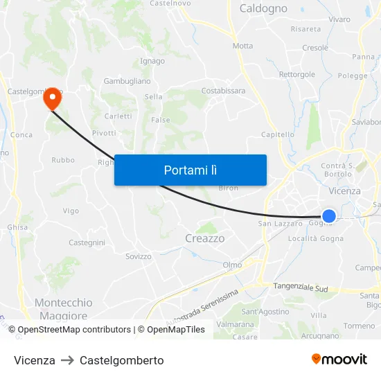 Vicenza to Castelgomberto map