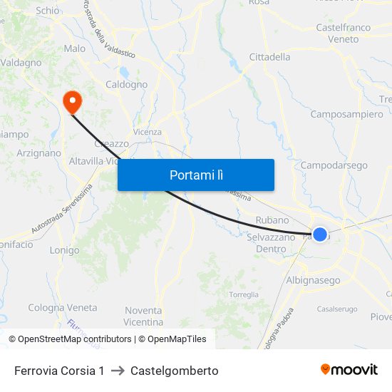 Ferrovia Corsia 1 to Castelgomberto map