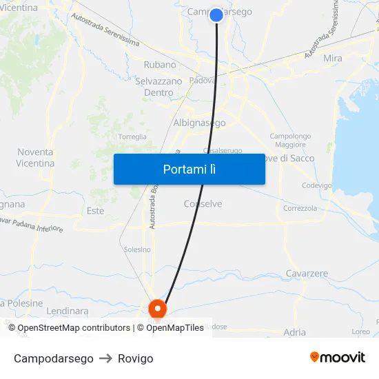 Campodarsego to Rovigo map