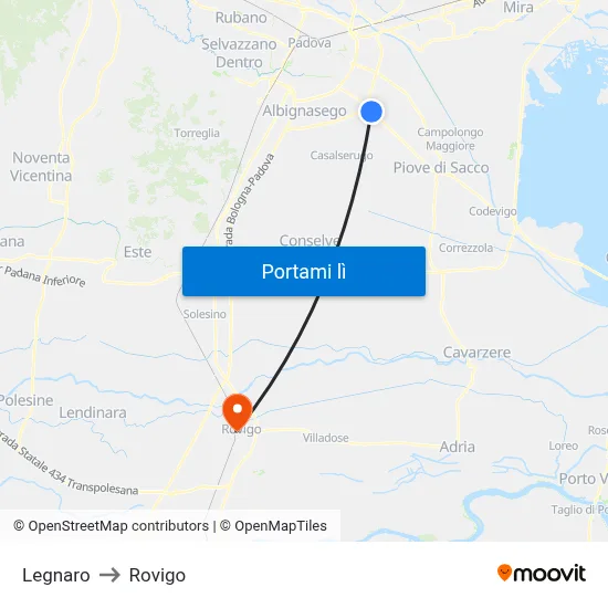 Legnaro to Rovigo map