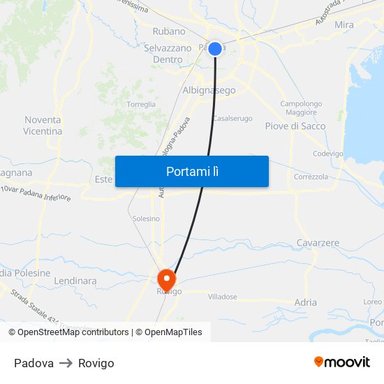 Padova to Rovigo map