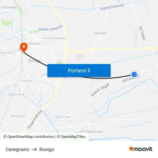 Ceregnano to Rovigo map