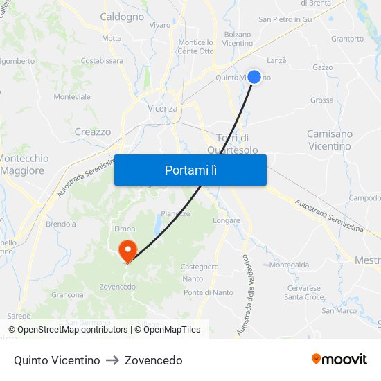 Quinto Vicentino to Zovencedo map