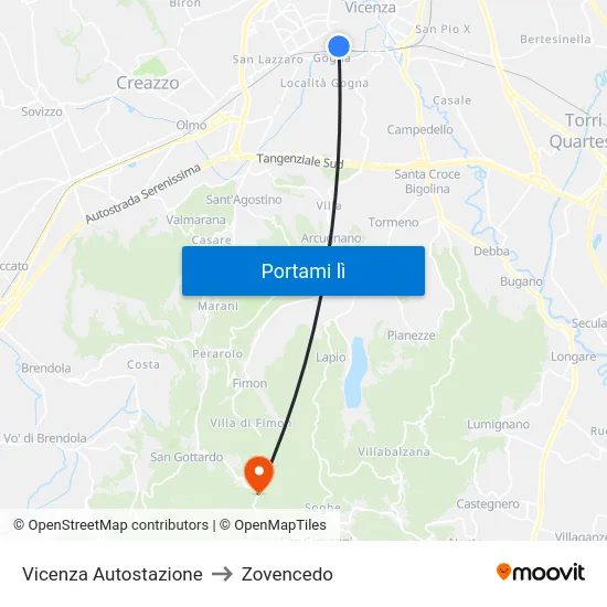 Vicenza Autostazione to Zovencedo map