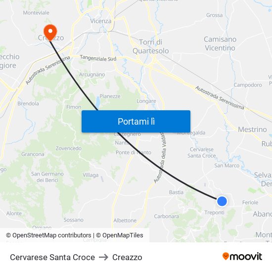 Cervarese Santa Croce to Creazzo map