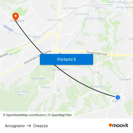 Arcugnano to Creazzo map