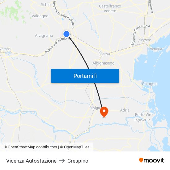 Vicenza Autostazione to Crespino map