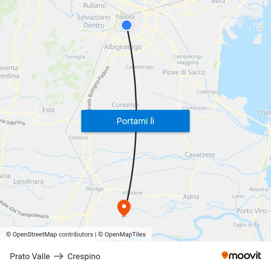 Prato Valle to Crespino map