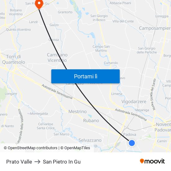 Prato Valle to San Pietro In Gu map