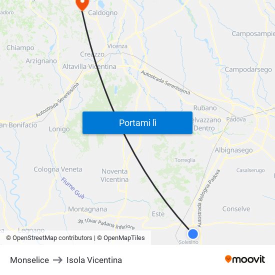 Monselice to Isola Vicentina map