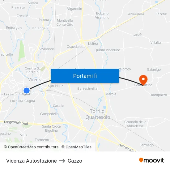 Vicenza Autostazione to Gazzo map