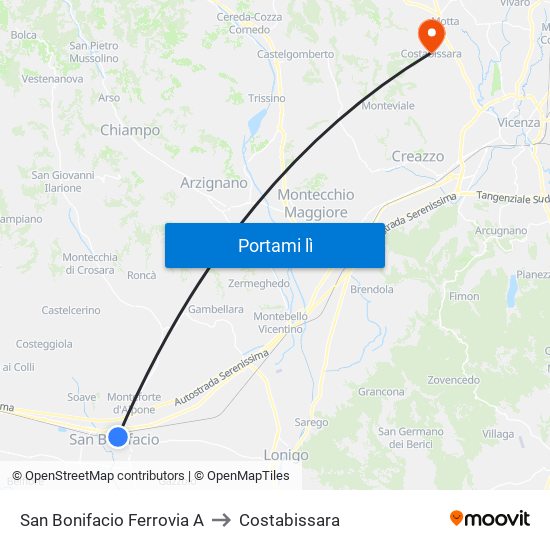 San Bonifacio Ferrovia A to Costabissara map